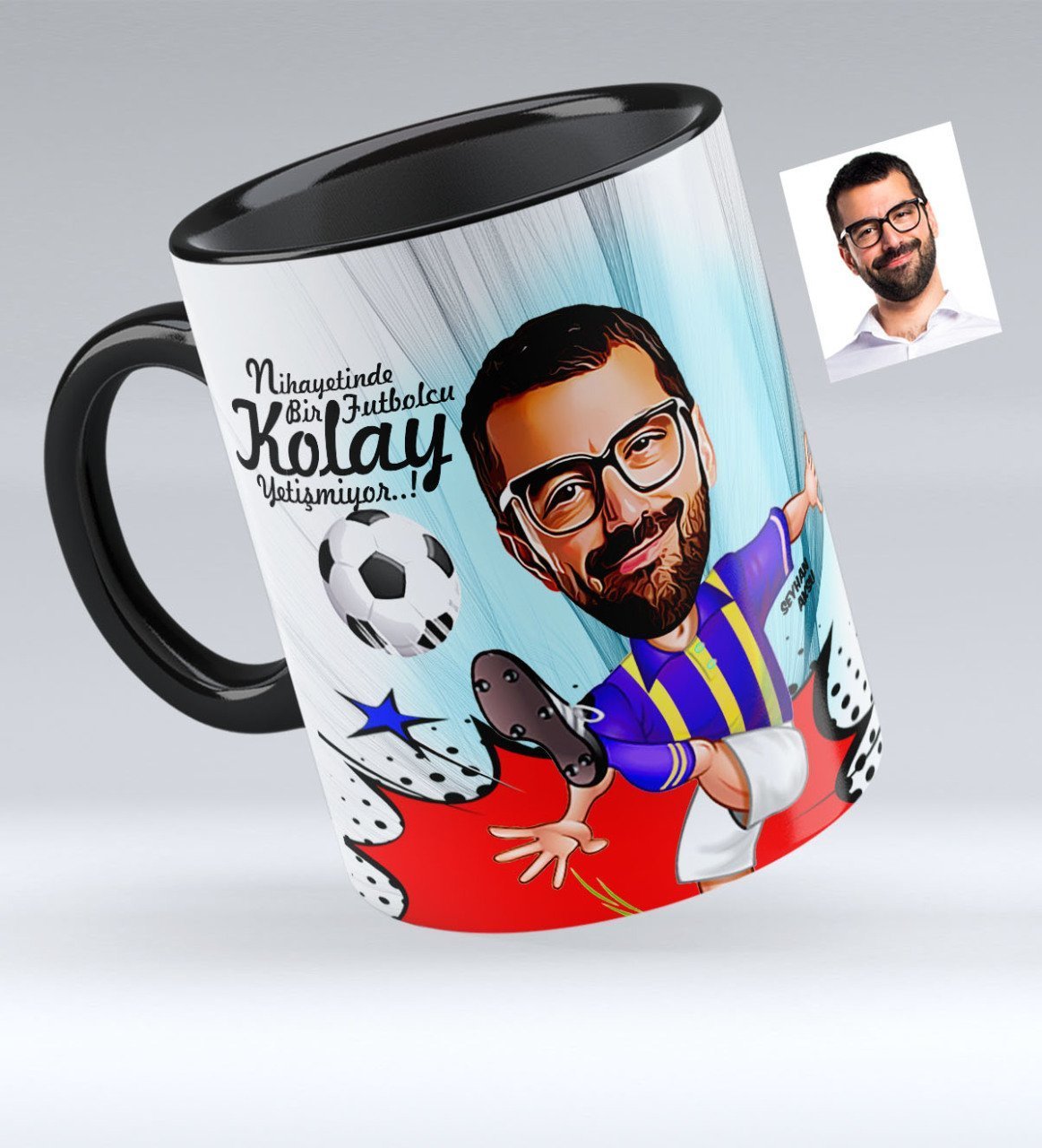 Kişiye Özel Bay Futbolcu Sarı Lacivert Karikatürlü Siyah Kupa Bardak - 1