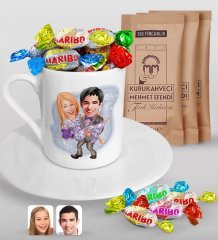 Kişiye Özel Sevgililer Karikatürlü Türk Kahvesi Fincanı Mehmet Efendi Kahve ve Haribo Şeker Hediye Seti-56