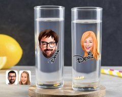 Kişiye Özel Renkli Baskılı Erkek ve Kadın Yüz Karikatürlü İkili Vodka Bardağı-1