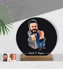 Kişiye Özel Baba Oğul Karikatürlü Yuvarlak Ahşap Biblo-1
