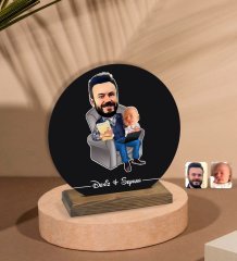 Kişiye Özel Baba Oğul Karikatürlü Yuvarlak Ahşap Biblo-1