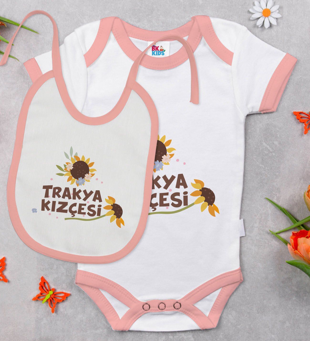 BK Kids Trakya Kızçesi Tasarımlı Pembe Bebek Body Zıbın ve Mama Önlüğü Hediye Seti-1