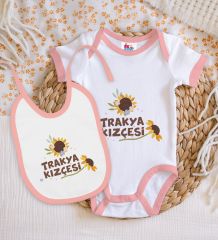 BK Kids Trakya Kızçesi Tasarımlı Pembe Bebek Body Zıbın ve Mama Önlüğü Hediye Seti-1