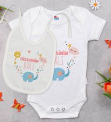 BK Kids Tiizesinin Balı Tasarımlı Beyaz Bebek Body Zıbın ve Mama Önlüğü Hediye Seti-1