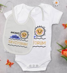 BK Kids Amcamı Çok Seviyorum Tasarımlı Bebek Body Zıbın ve Mama Önlüğü Hediye Seti - Model 1