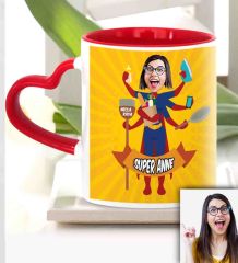 Kişiye Özel Anneler Günü Temalı Kırmızı Kalpli Karikatürlü Kupa Bardak KK2