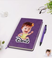 Kişiye Özel Bebek Karikatürlü Mor Termo Deri Defter Kalem Seti Model 1