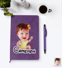 Kişiye Özel Bebek Karikatürlü Mor Termo Deri Defter Kalem Seti Model 1