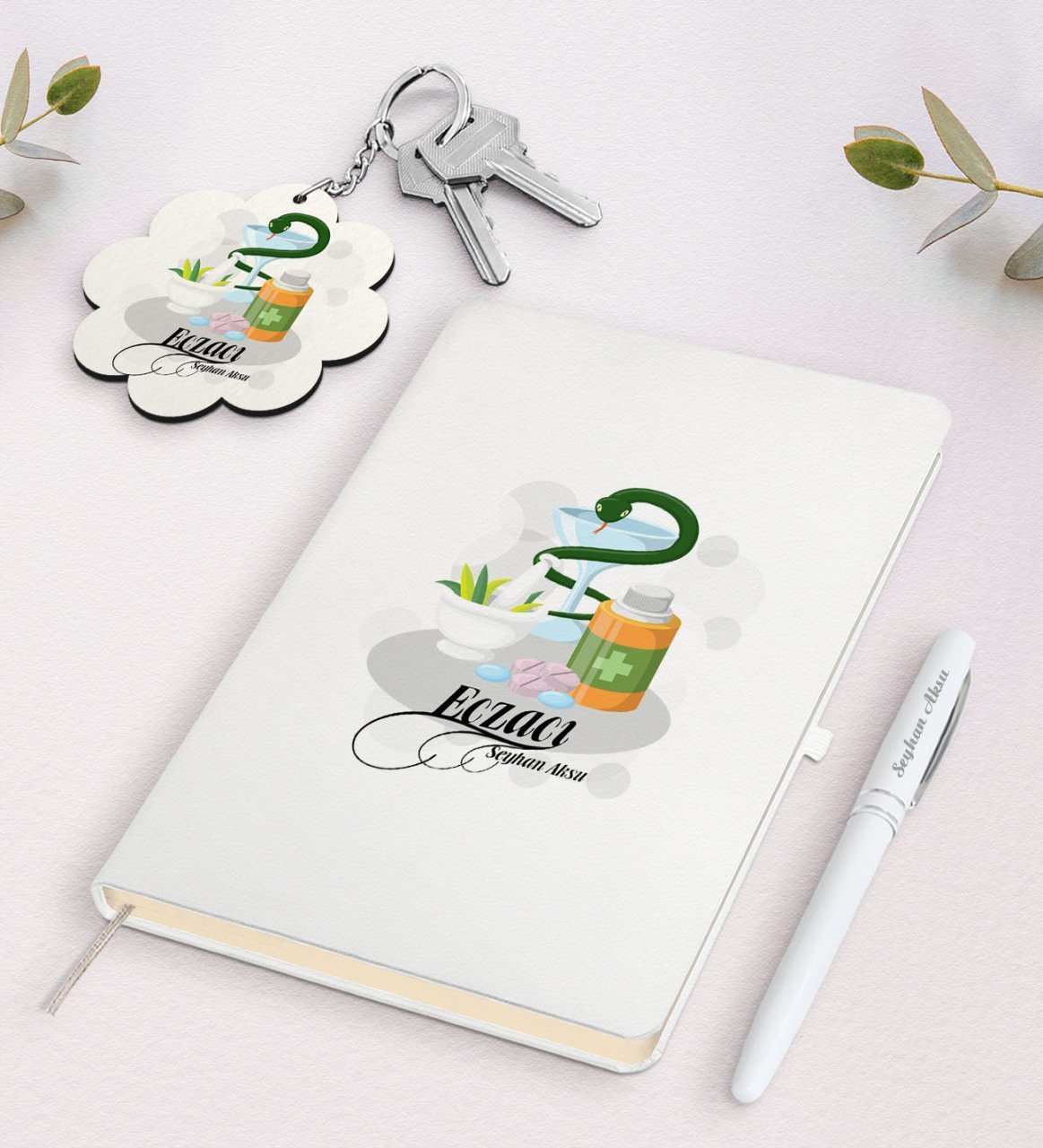 Kişiye Özel Eczacı Beyaz Defter Kalem ve Anahtarlık Hediye Seti-6