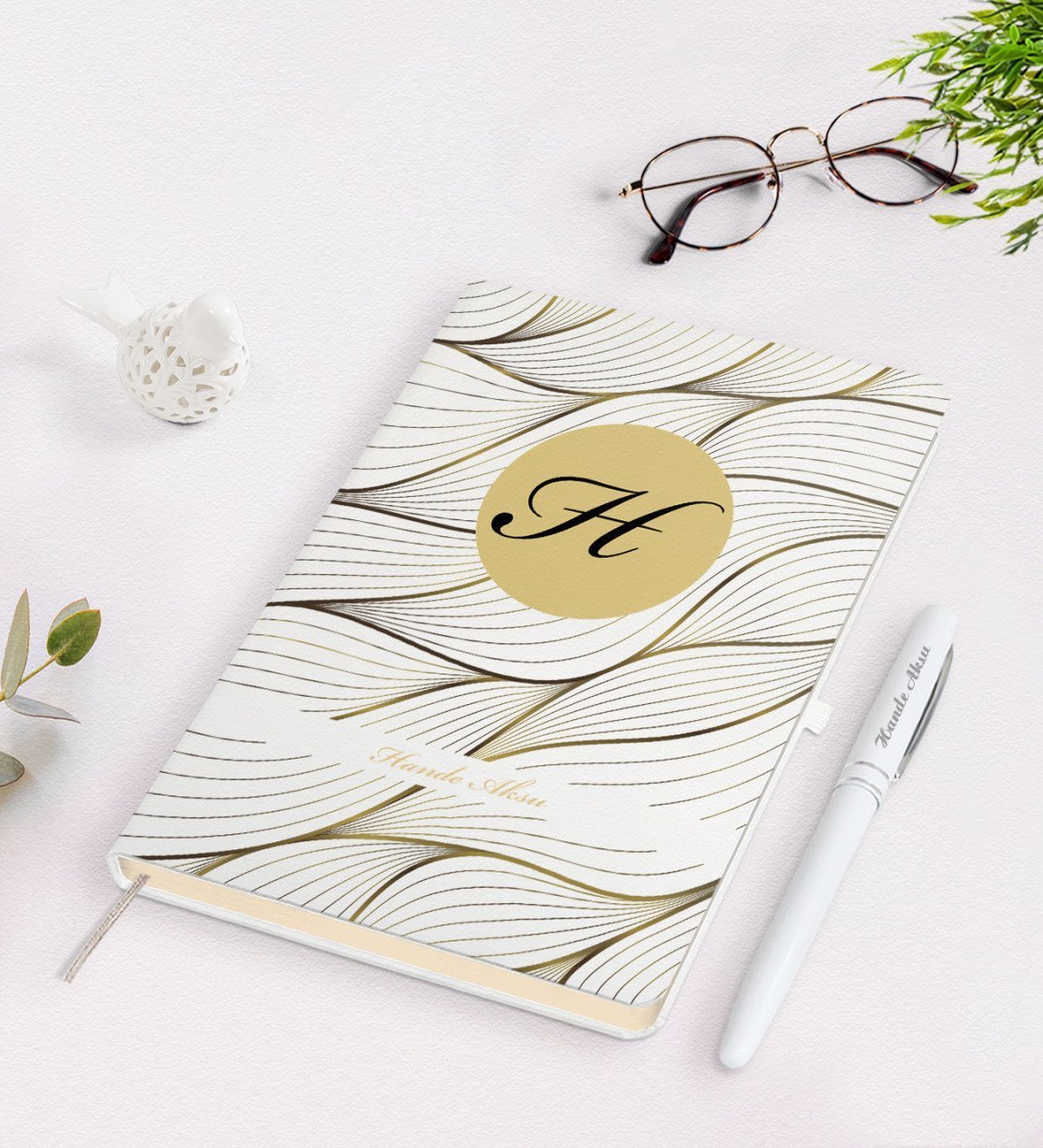 Kişiye Özel Baş Harf İsim Tasarımlı Beyaz Defter Kalem Seti-3