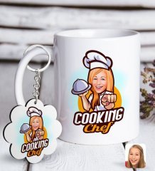 Kişiye Özel Bayan Chef Karikatürlü Beyaz Kupa ve Anahtarlık Hediye Seti-15