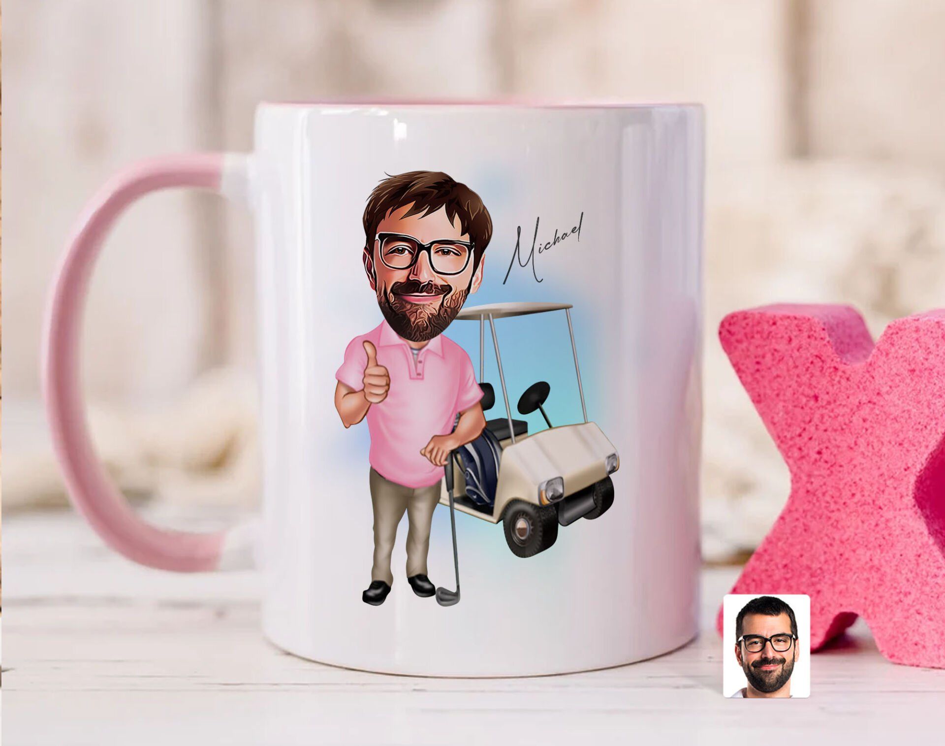 Bk Gift Kişiye Özel Golf Oyuncusu Karikatürlü Pembe Kupa Bardak-7, Sevgiliye Hediye, Arkadaşa Hediye