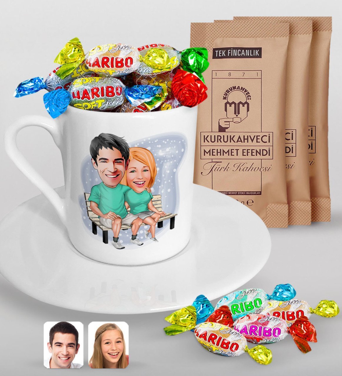 Kişiye Özel Sevgililer Karikatürlü Türk Kahvesi Fincanı Mehmet Efendi Kahve ve Haribo Şeker Hediye Seti-55