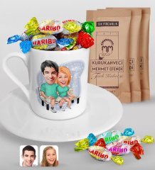 Kişiye Özel Sevgililer Karikatürlü Türk Kahvesi Fincanı Mehmet Efendi Kahve ve Haribo Şeker Hediye Seti-55