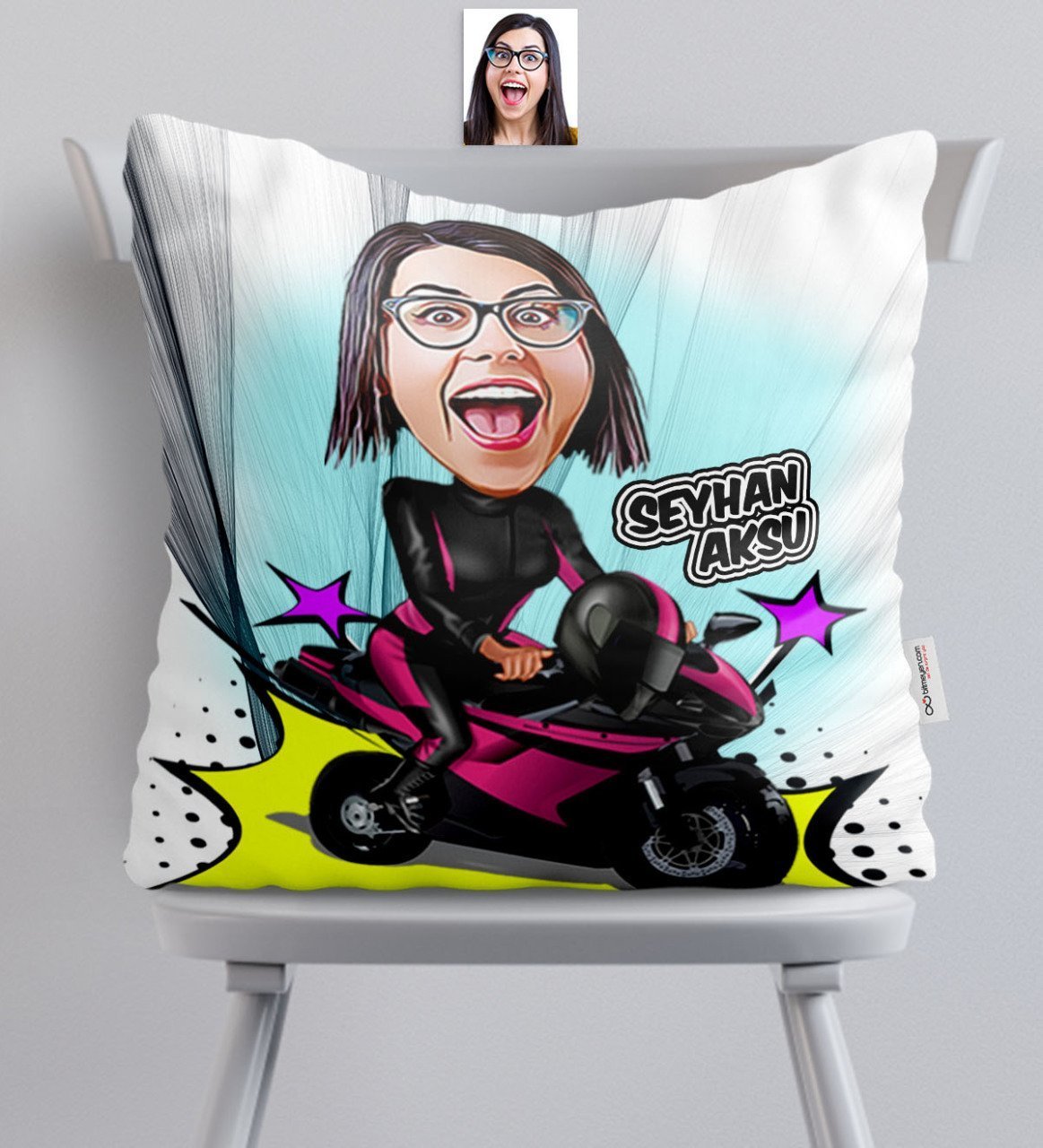 Kişiye Özel Bayan Motorcu Karikatürlü Saten Yastık