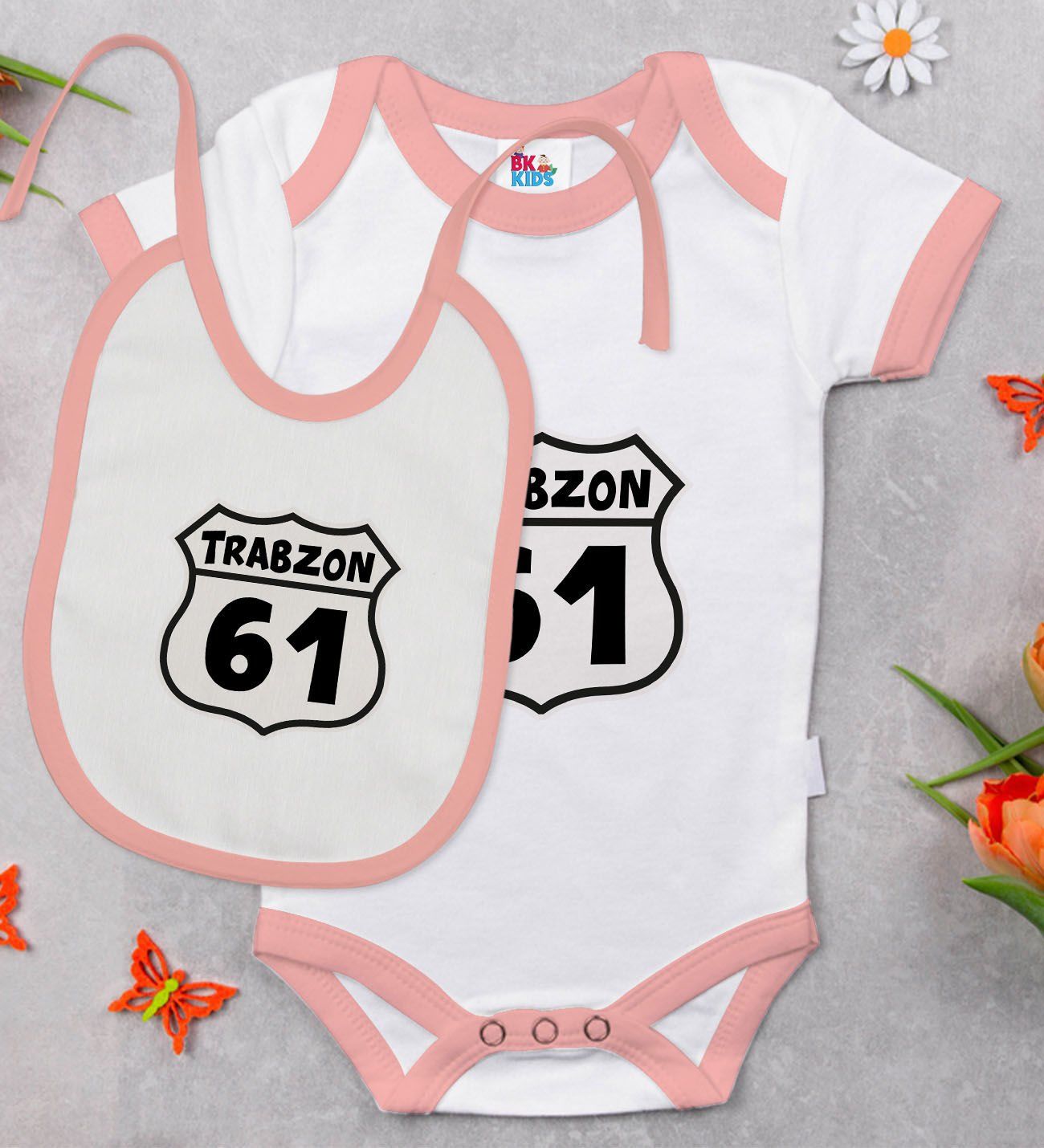 BK Kids Trabzon Tasarımlı Pembe Bebek Body Zıbın ve Mama Önlüğü Hediye Seti-1
