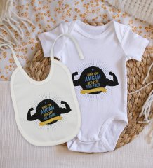BK Kids Amcam Her Şeyi Halleder Tasarımlı Bebek Body Zıbın ve Mama Önlüğü Hediye Seti - Model 1