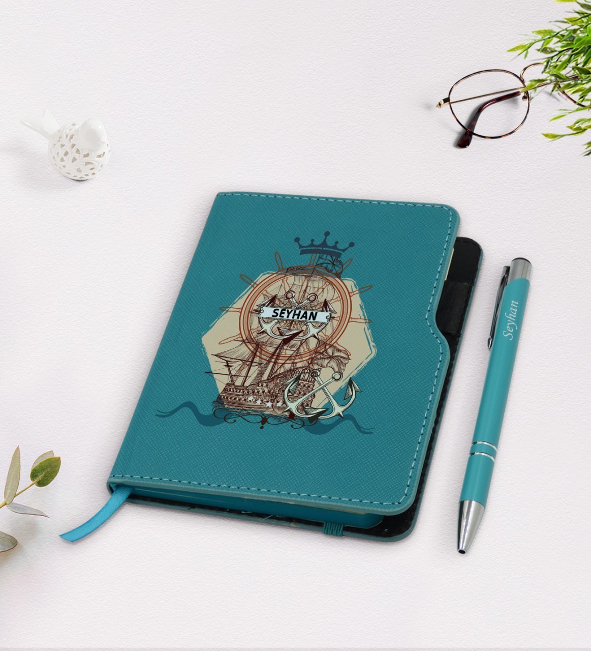 Kişiye Özel Gemi Tasarımlı Turkuaz Termo Deri Defter Kalem Seti-4