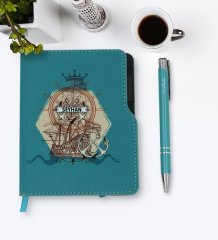 Kişiye Özel Gemi Tasarımlı Turkuaz Termo Deri Defter Kalem Seti-4
