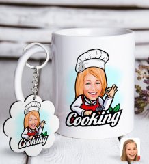 Kişiye Özel Bayan Chef Karikatürlü Beyaz Kupa ve Anahtarlık Hediye Seti-14