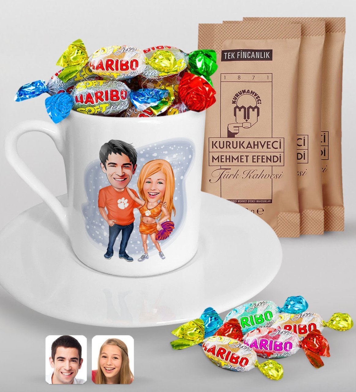 Kişiye Özel Sevgililer Karikatürlü Türk Kahvesi Fincanı Mehmet Efendi Kahve ve Haribo Şeker Hediye Seti-54