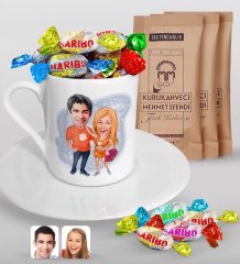Kişiye Özel Sevgililer Karikatürlü Türk Kahvesi Fincanı Mehmet Efendi Kahve ve Haribo Şeker Hediye Seti-54