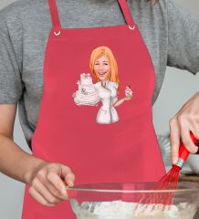 BK Gift Kişiye Özel Kadın Aşçı Karikatürlü Profesyonel Kırmızı Mutfak Önlüğü, Aşçı Önlüğü, Şef Önlüğü, Arkadaşa Hediye-3