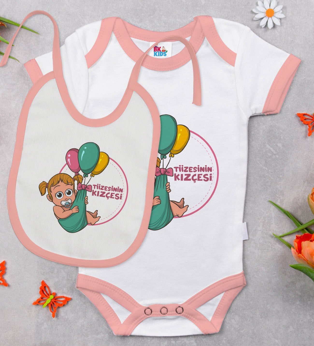 BK Kids Tiizesinin Kızçesi Tasarımlı Pembe Bebek Body Zıbın ve Mama Önlüğü Hediye Seti-1