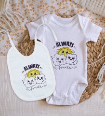 BK Kids Always Smile Tasarımlı Bebek Body Zıbın ve Mama Önlüğü Hediye Seti - Model 1