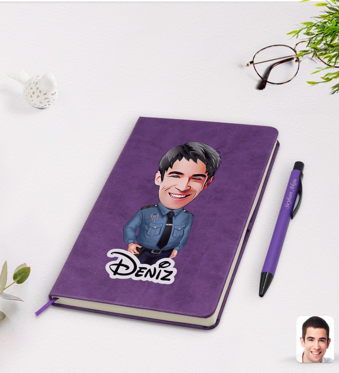 Kişiye Özel Erkek Polis Karikatürlü Mor Termo Deri Defter Kalem Seti Model 3