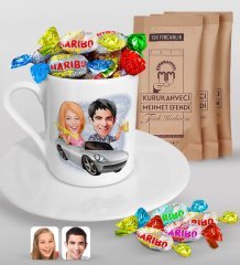 Kişiye Özel Sevgililer Karikatürlü Türk Kahvesi Fincanı Mehmet Efendi Kahve ve Haribo Şeker Hediye Seti-53
