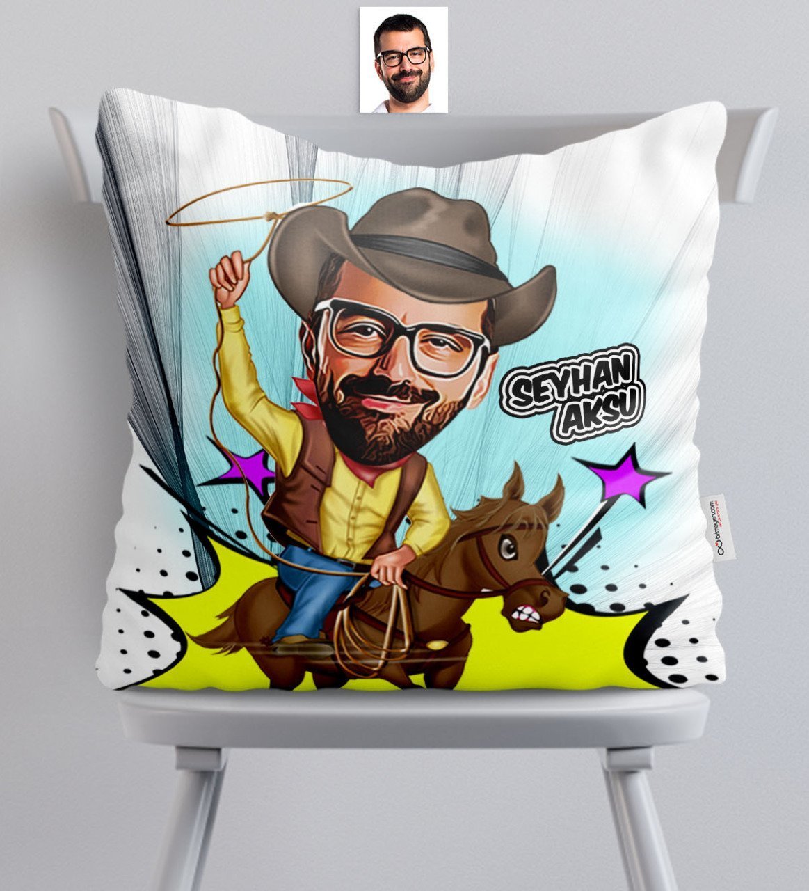 Kişiye Özel Bay Kovboy Karikatürlü Saten Yastık