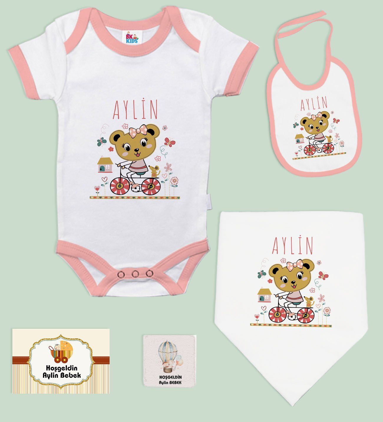 BK Kids Kişiye Özel İsimli 5 Parça Pembe Bebek Body Zıbın ve Battaniye Hediye Seti, Yeni Doğan Bebek Giyim Hediyesi-1