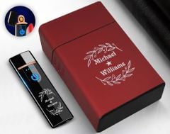 BK Gift Kişiye Özel Kırmızı Sigara Tabakası ve Elektronik Dokunmatik Alevsiz Şarjlı Çakmak Hediye Seti-2, Metal Sigara Tabakası, Elektronik Çakmak