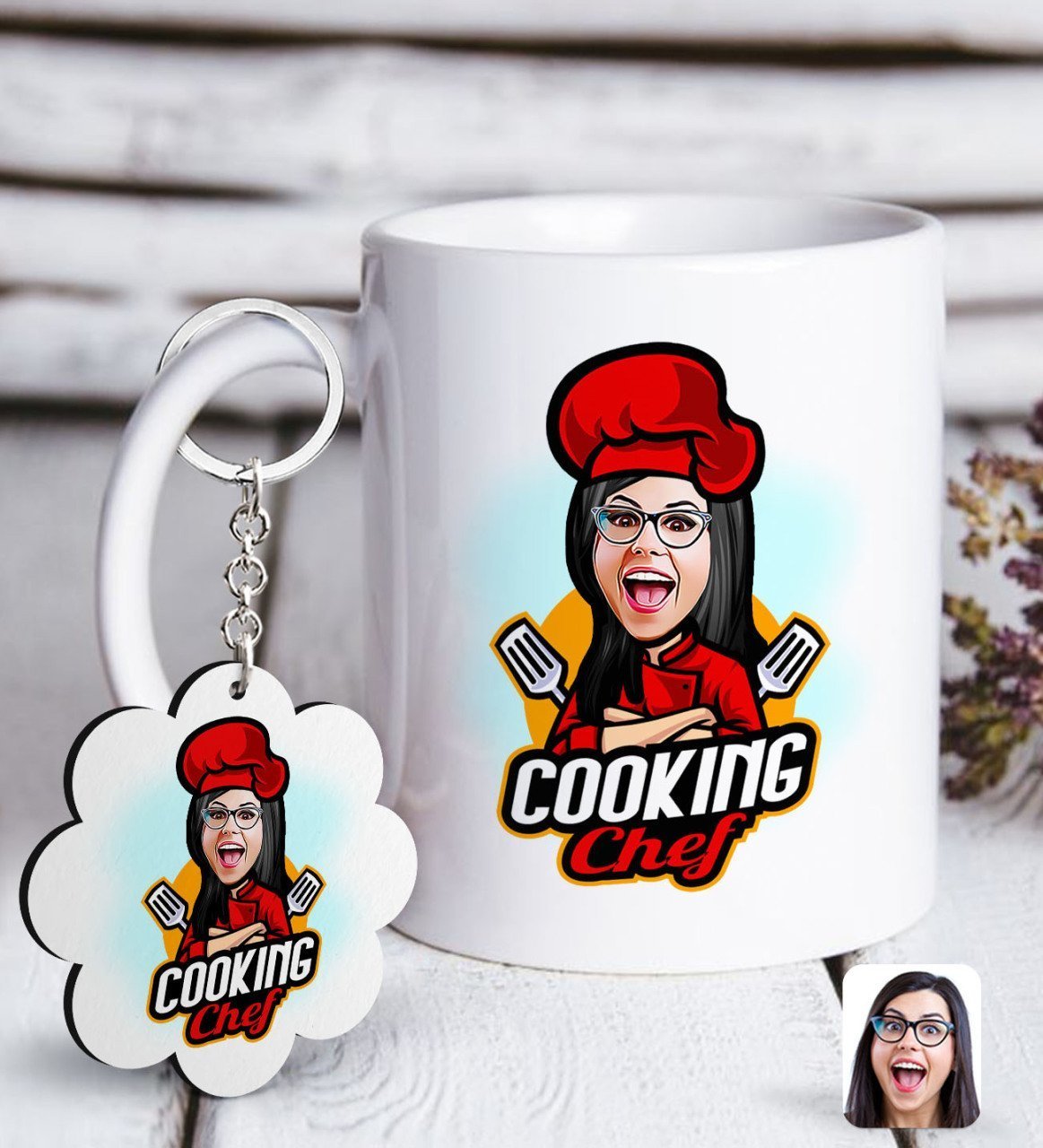 Kişiye Özel Bayan Chef Karikatürlü Beyaz Kupa ve Anahtarlık Hediye Seti-11