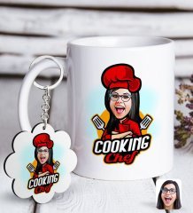 Kişiye Özel Bayan Chef Karikatürlü Beyaz Kupa ve Anahtarlık Hediye Seti-11