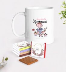Kişiye Özel Anaokulu Öğretmeni Beyaz Kupa ve Çikolata Hediye Seti-2