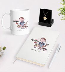 Kişiye Özel Anasınıfı Öğretmeni Beyaz Kupa Defter Kalem ve İsimli Papatya Kolye Hediye Seti-2