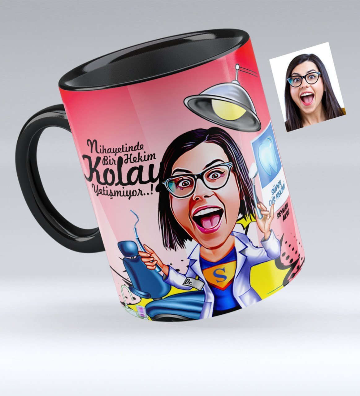 Kişiye Özel Bayan Diş Hekimi Karikatürlü Siyah Kupa Bardak - 1
