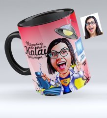 Kişiye Özel Bayan Diş Hekimi Karikatürlü Siyah Kupa Bardak - 1