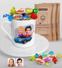 Kişiye Özel Sevgililer Karikatürlü Türk Kahvesi Fincanı Mehmet Efendi Kahve ve Haribo Şeker Hediye Seti-52
