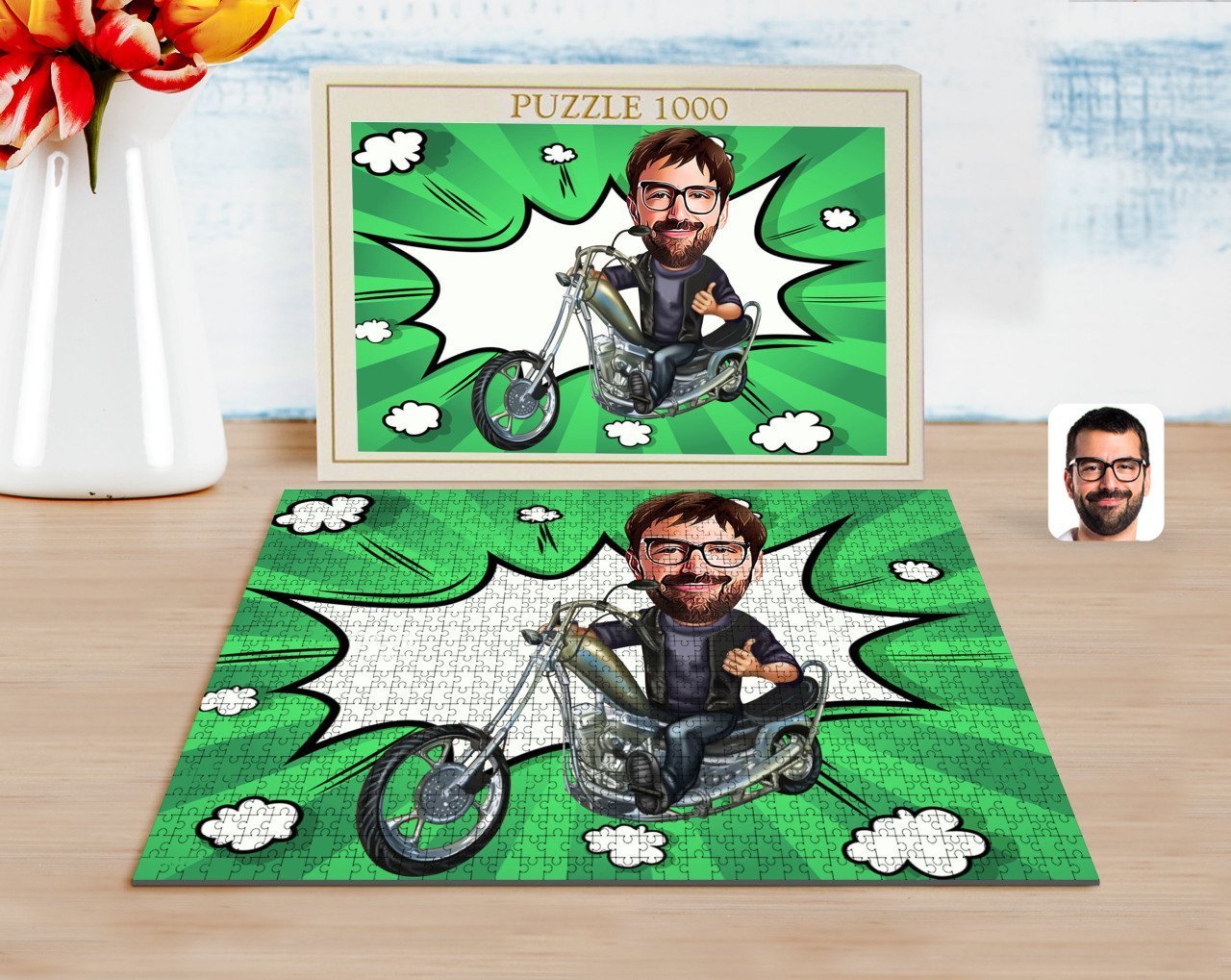 Kişiye Özel Erkek Motorcu Karikatürlü 1000 Parça Profesyonel Puzzle-4
