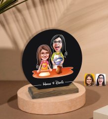 Kişiye Özel Anne Kız Karikatürlü Yuvarlak Ahşap Biblo-2