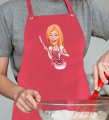 BK Gift Kişiye Özel Kadın Aşçı Karikatürlü Profesyonel Kırmızı Mutfak Önlüğü, Aşçı Önlüğü, Şef Önlüğü, Arkadaşa Hediye-1