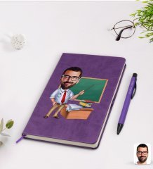 Kişiye Özel Erkek Öğretmen Karikatürlü Mor Termo Deri Defter Kalem Seti Model 1