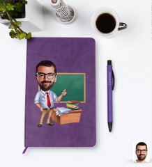 Kişiye Özel Erkek Öğretmen Karikatürlü Mor Termo Deri Defter Kalem Seti Model 1