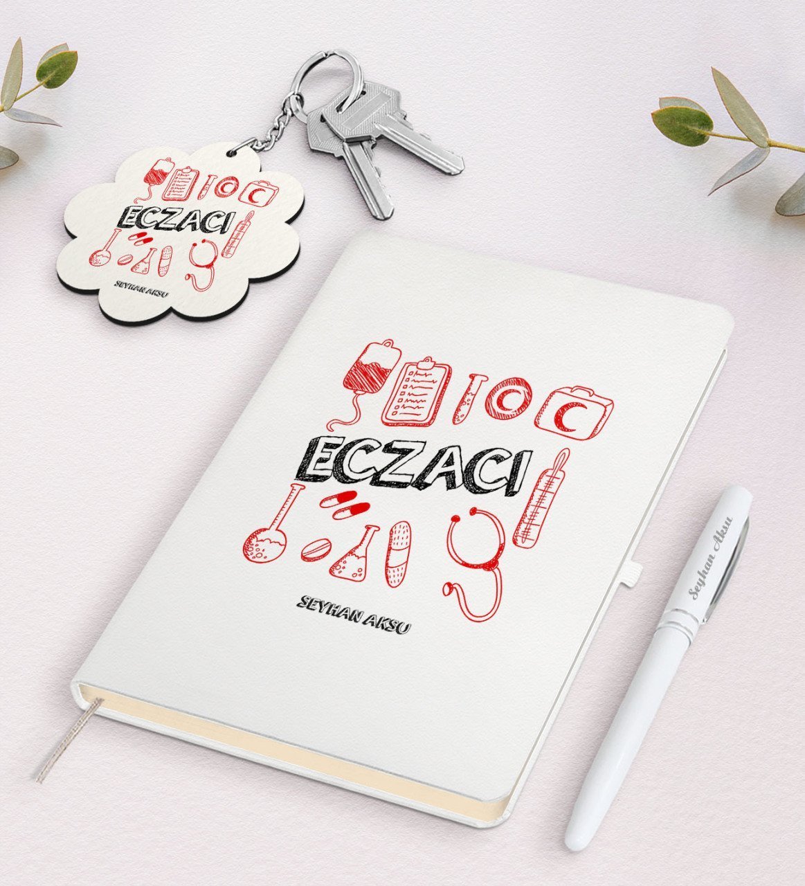 Kişiye Özel Eczacı Beyaz Defter Kalem ve Anahtarlık Hediye Seti-2