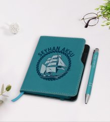 Kişiye Özel Gemi Tasarımlı Turkuaz Termo Deri Defter Kalem Seti-1