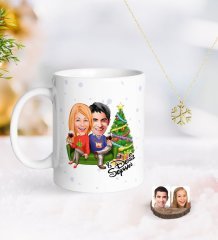 Kişiye Özel Yeni Yıl Sevgililer Karikatürlü Kupa ve Kar Tanesi Kolye-4