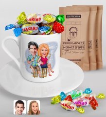 Kişiye Özel Sevgililer Karikatürlü Türk Kahvesi Fincanı Mehmet Efendi Kahve ve Haribo Şeker Hediye Seti-51
